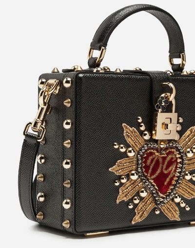 Shop Dolce & Gabbana Dolce Box Bag In Dauphine Calfskin With Patch Heart In Black