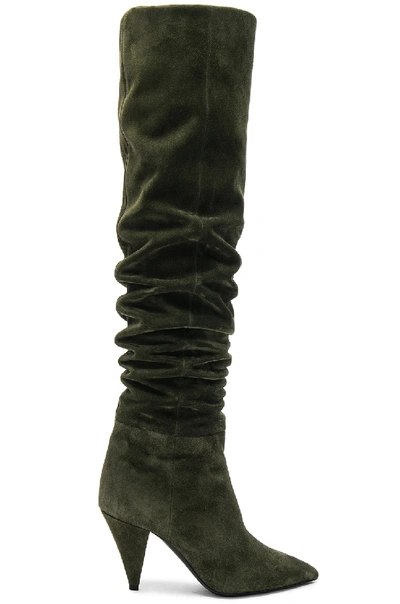 Shop Saint Laurent Suede Era Heeled Thigh High Boots In Army Green