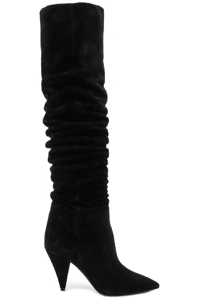 Shop Saint Laurent Suede Era Heeled Thigh High Boots In Black