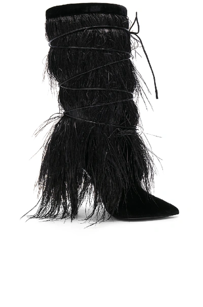 Shop Saint Laurent Era Feather Embellished Velvet Yeti Boots In Black