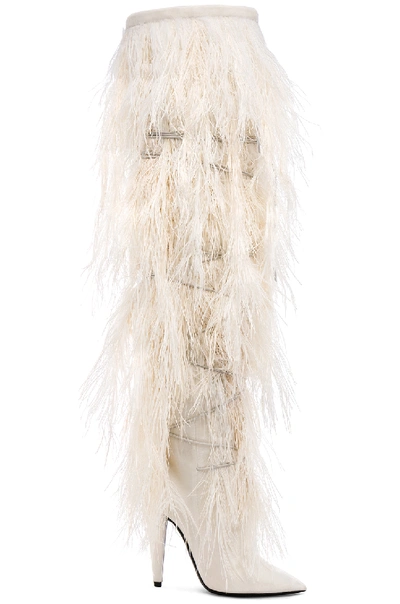 Shop Saint Laurent Era Feather Embellished Velvet Yeti Thigh High Boots In White