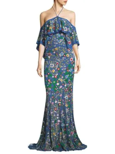 Shop Alice And Olivia Annalea Embellished Halter Gown In Denim Blue Multi