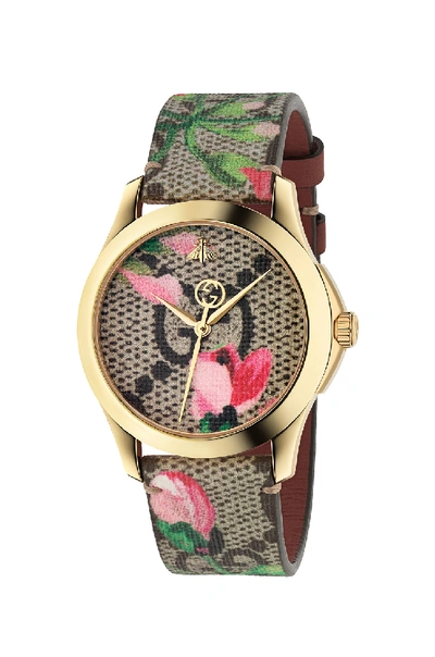 Shop Gucci 38mm G-timeless Pink Blooms Print Watch In Floral,brown