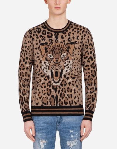 Shop Dolce & Gabbana Jacquard Wool Knit With Patch In Leopard