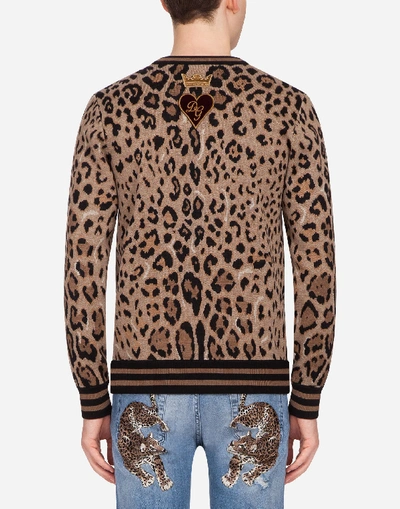Shop Dolce & Gabbana Jacquard Wool Knit With Patch In Leopard