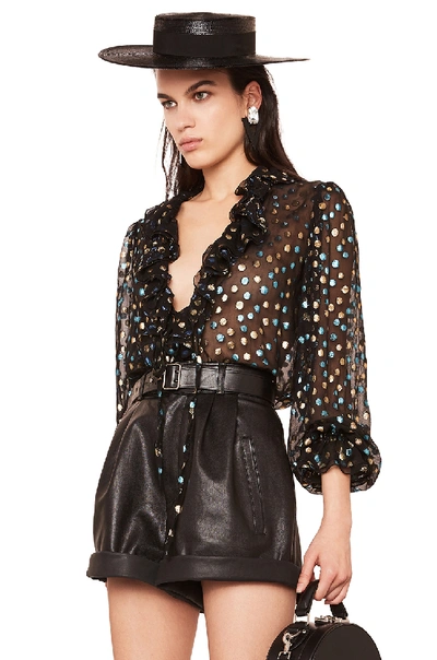 Shop Saint Laurent Ruffle Trim Blouse In Black  Turquoise & Gold