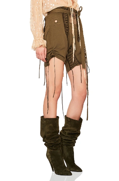 Shop Saint Laurent Slouchy Gabardine Lace Up Shorts In Green