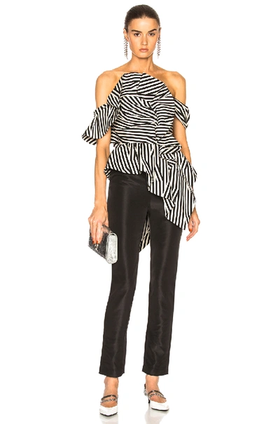 Shop Self-portrait Asymmetric Stripe Ruffle Jumpsuit In Black