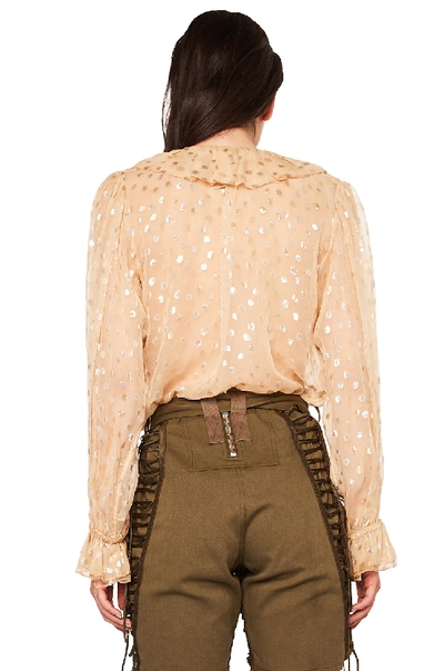 Shop Saint Laurent Polka Dot Georgette Ruffle Front Blouse In Beige & Gold