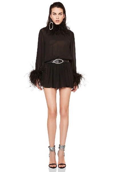 Shop Saint Laurent Feather Trim Washed Silk Mini Dress In Black