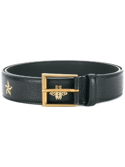 Gucci Bee & Star Print Leather Belt In Black | ModeSens