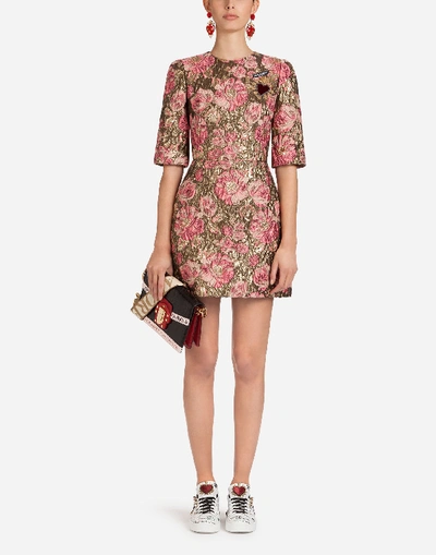 Shop Dolce & Gabbana Jacquard Dress With Patch In Gold