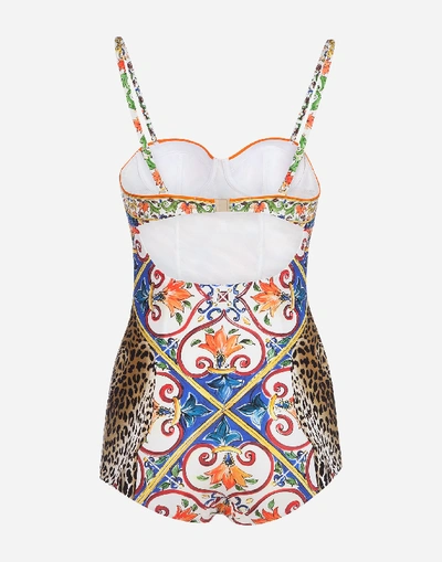 Shop Dolce & Gabbana Printed Balconette Swimsuit In Multicolor
