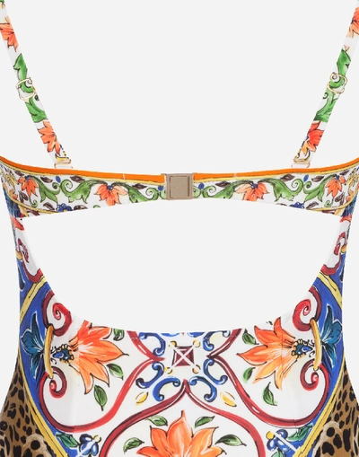 Shop Dolce & Gabbana Printed Balconette Swimsuit In Multicolor