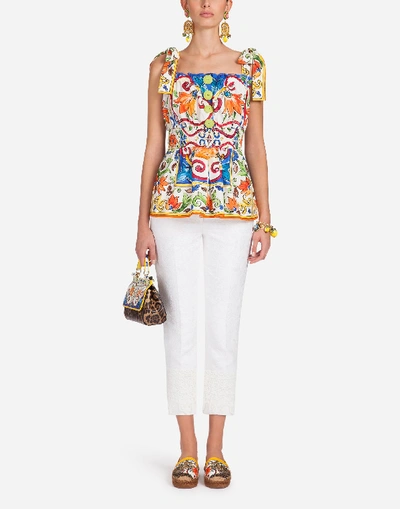 Shop Dolce & Gabbana Plain Brocade Capri Pants In White