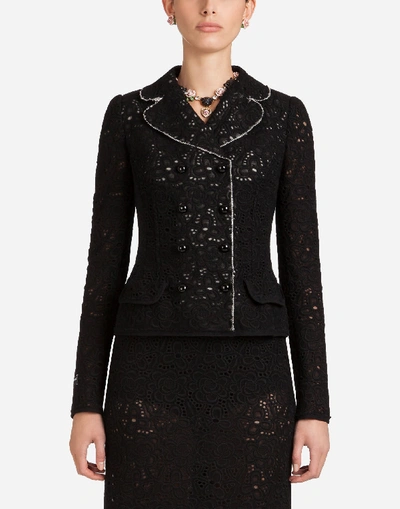 Shop Dolce & Gabbana Wool Lace Double-breasted Blazer In Black