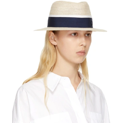 Shop Maison Michel Beige Andre Panama Hat In Natural/nav