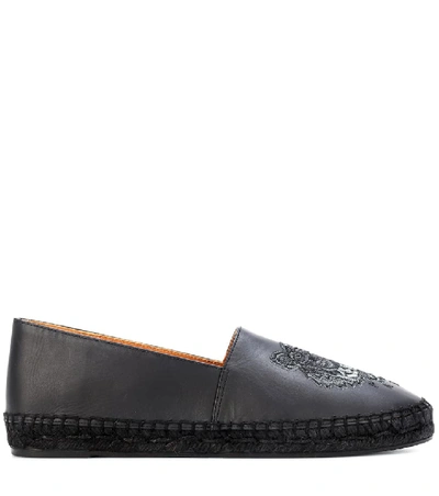 Shop Kenzo Embroidered Leather Espadrilles In Black