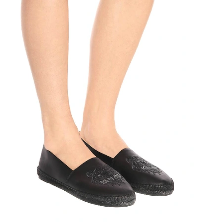 Shop Kenzo Embroidered Leather Espadrilles In Black