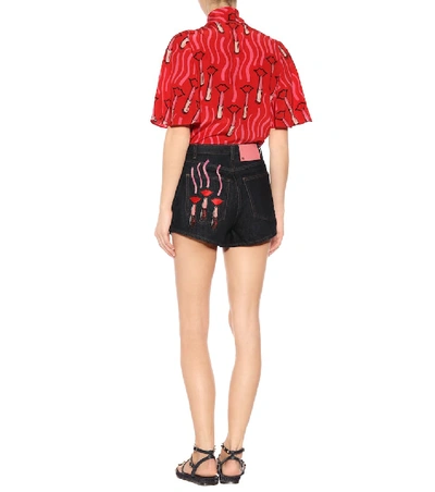 Shop Valentino Lipstick Embroidered Denim Shorts In Blue