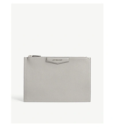 Shop Givenchy Antigona Grained Leather Pouch In Pearl Grey