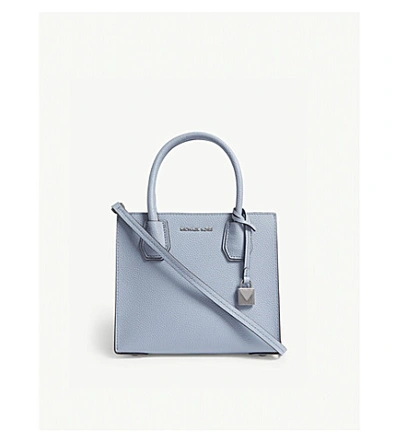Shop Michael Michael Kors Mercer Medium Leather Shoulder Bag In Pale Blue