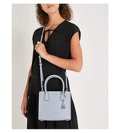 Shop Michael Michael Kors Mercer Medium Leather Shoulder Bag In Pale Blue