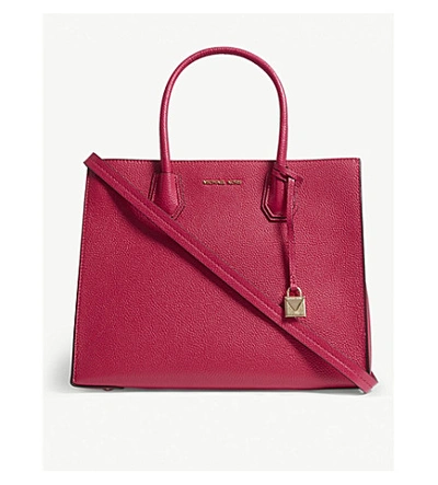 Shop Michael Michael Kors Mercer Large Grained Leather Tote Bag In Ultra Pink