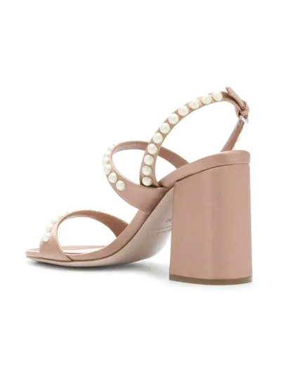 Shop Miu Miu Pearl-embellished Block Heel Sandals - Neutrals
