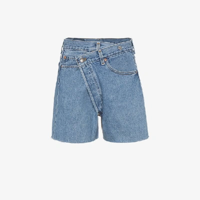 Shop R13 Crossover Denim Shorts With Raw Hem In Blue