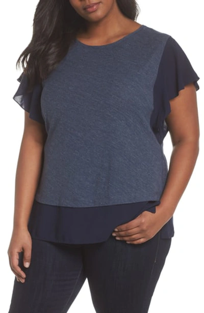 Shop Vince Camuto Ruffle Sleeve Mix Media Top In Lt Chambray Heather