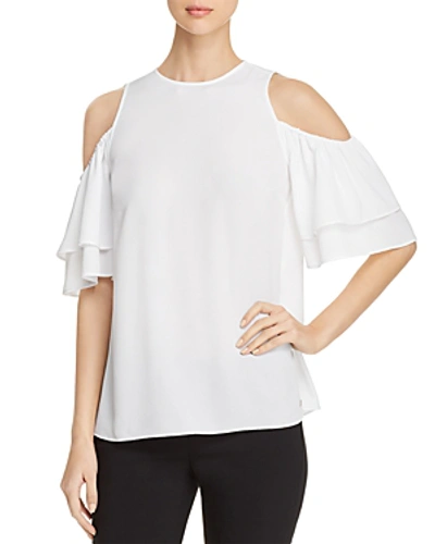 Shop Michael Michael Kors Cold-shoulder Flounce Top In White