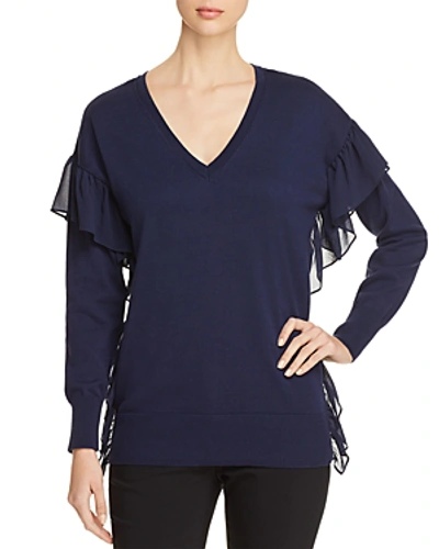 Shop Michael Michael Kors Woven-ruffle V-neck Sweater In True Navy