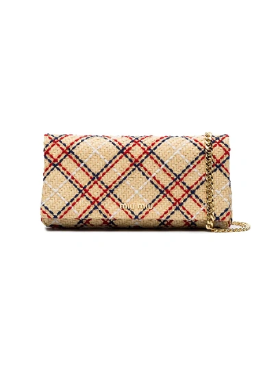 Shop Miu Miu Beige Woven Raffia Chain Clutch Bag