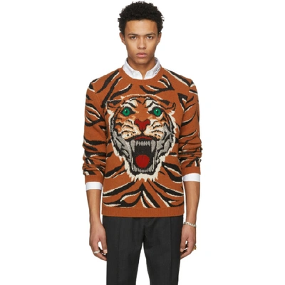 Gucci Tiger Print Wool Crewneck Sweater In Orange Multi | ModeSens