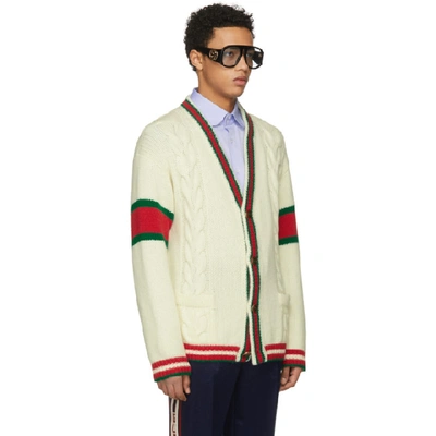 Shop Gucci Off-white Wool Web Cable Knit Cardigan