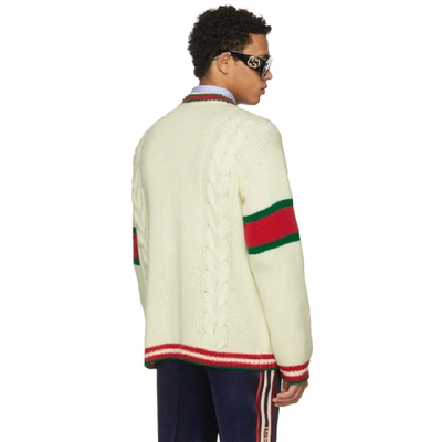 Shop Gucci Off-white Wool Web Cable Knit Cardigan