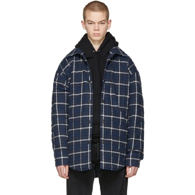 Balenciaga Navy Oversized Plaid Flannel Shirt | ModeSens