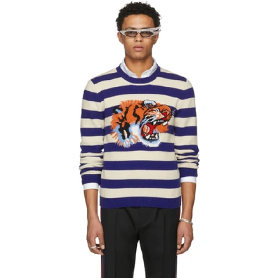 Gucci Striped Wool Sweater With Tiger Head In Blue, White | ModeSens