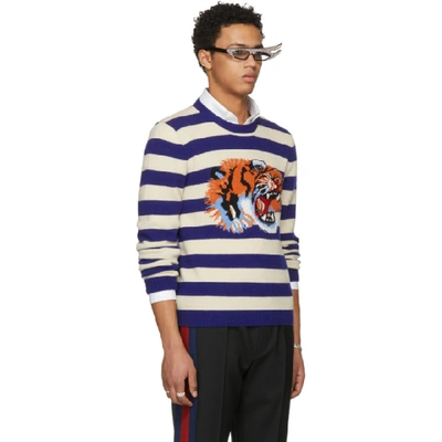 Shop Gucci Blue And Beige Striped Loved Tiger Sweater In 4502 Blue