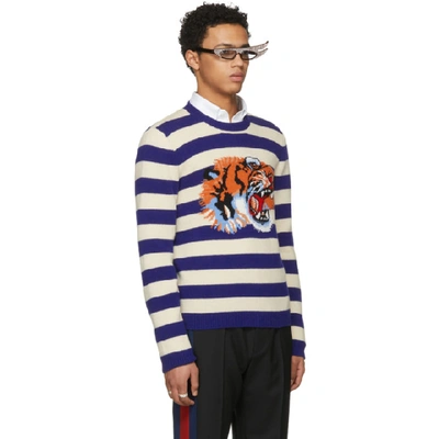 Shop Gucci Blue And Beige Striped Loved Tiger Sweater In 4502 Blue