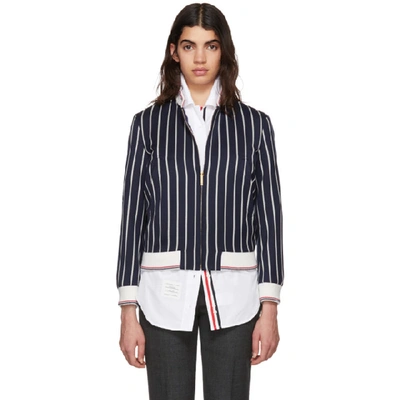 Shop Thom Browne Navy Bold Stripe Classic Varsity Jacket