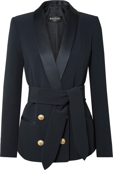 Balmain Belted Double-breasted Crepe In Midnight Blue ModeSens