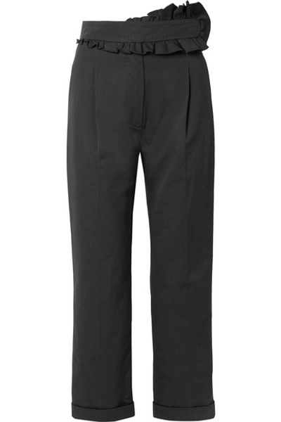 Shop Carven Ruffled Cotton Straight-leg Pants In Black