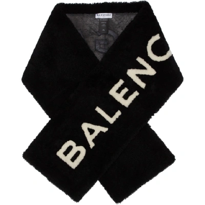 Shop Balenciaga Black Shearling Logo Scarf In 1070 Black