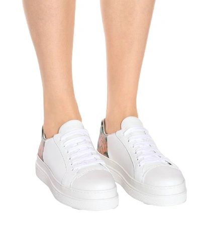 Shop Prada Printed Leather Sneakers In White