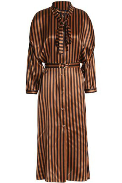 Shop Nina Ricci Woman Pussy-bow Striped Silk-satin Midi Shirt Dress Light Brown