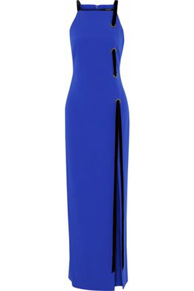 Shop Badgley Mischka Woman Eyelet-embellished Velvet-trimmed Cady Maxi Dress Bright Blue