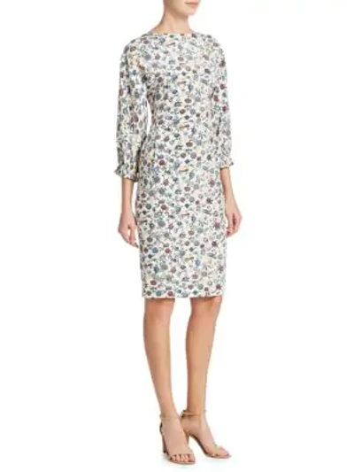 Shop Adam Lippes Floral Crepe Boatneck Dress In Ivory Peach Multi