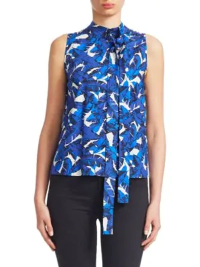 Shop Msgm Floral Sleeveless Tie-neck Top In Blue Floral